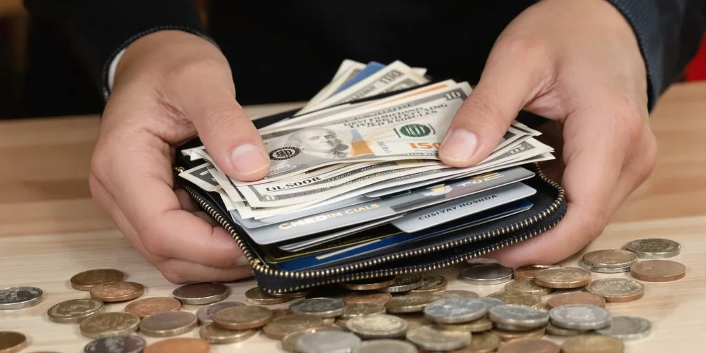 Man receiving money, credit cards, and coins.