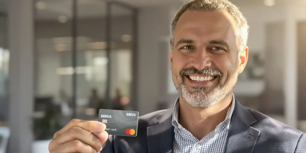 Hombre sonriente mirando una tarjeta de crédito BBVA.
