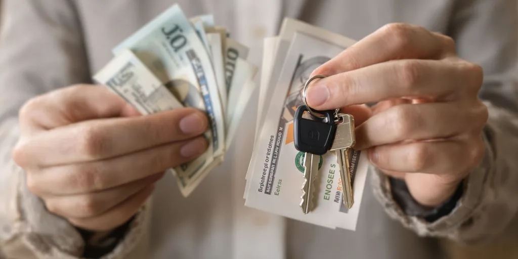 Mano sosteniendo dinero y llaves de casa.