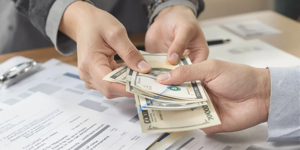 Persona recibiendo dinero, con un fondo borroso de documentos.